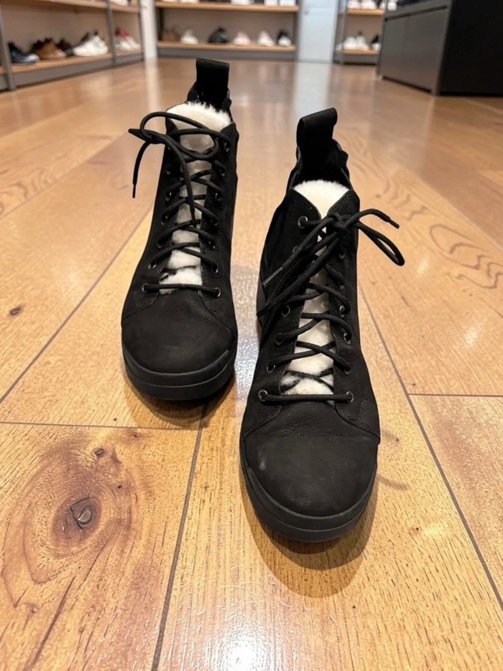 Eileen Fisher Black Suede Lace-Up Ankle Booties with Sherpa Tongue